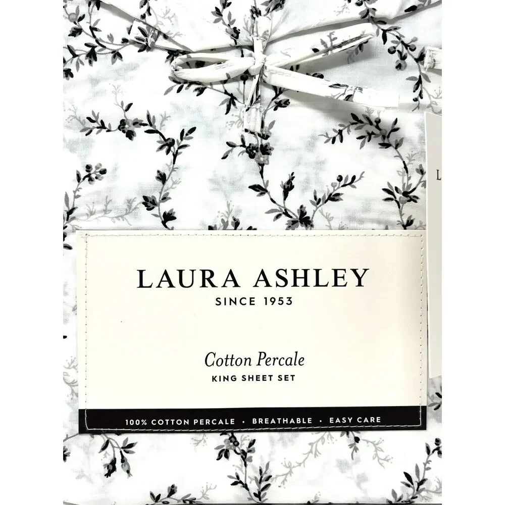 Laura Ashley Percale Cotton KING Sheet Set BLACK White SARAHS SPRIG 4 Pcs. NWT